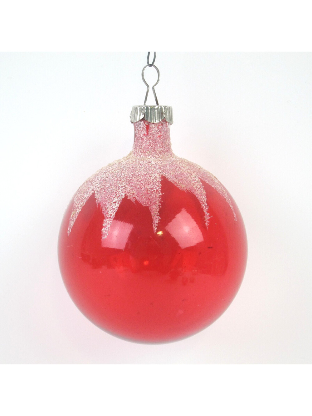 Vintage Shiny Brite Unsilvered Glass Christmas Ornament Red Ball Mica Snow 3"